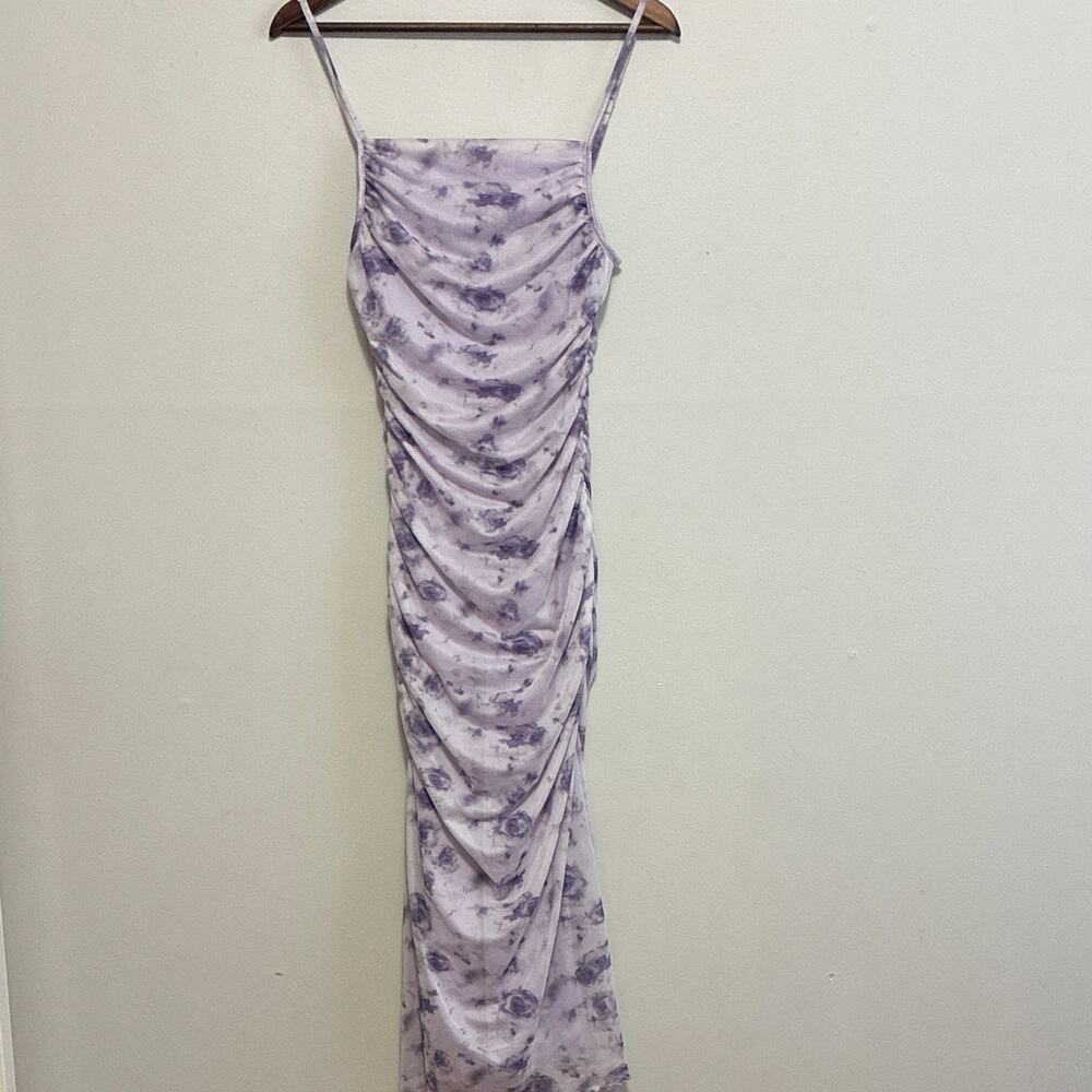Shein Purple/White Floral Ruched Strappy Square Neck Maxi Dress Women’s Size S
